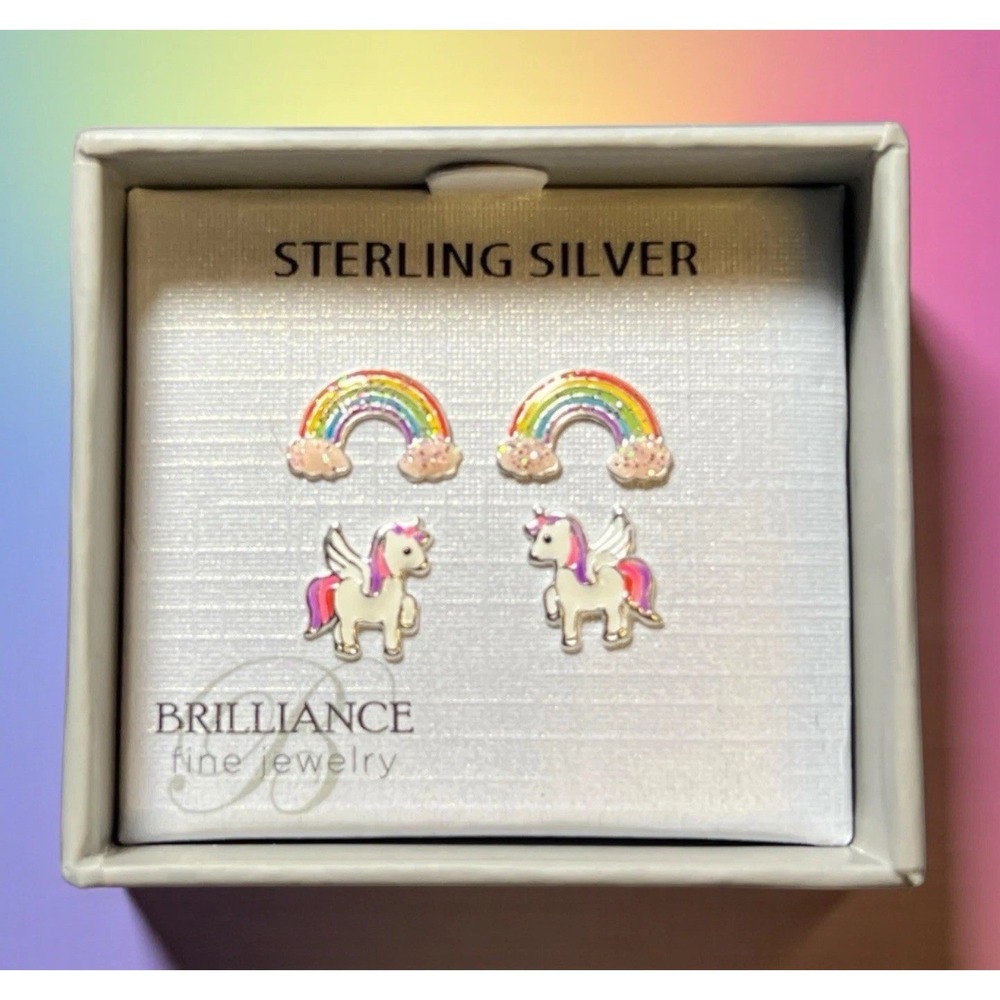 Sterling Silver 925 Rainbow Unicorn Stud Earrings Set of 2 Girls Enamel NIB
